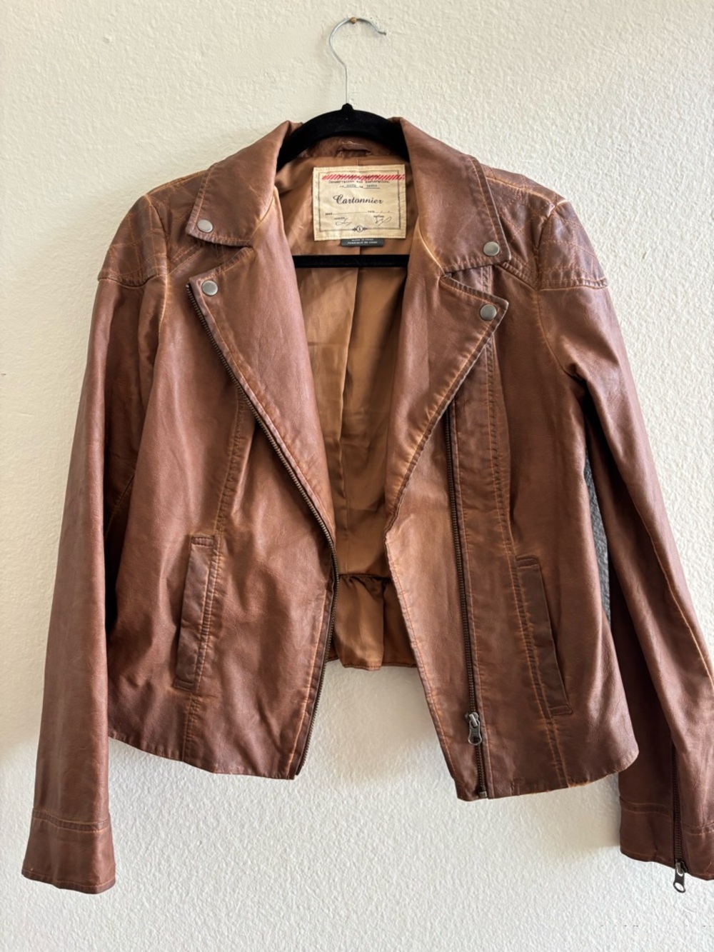 Cartonnier Women's Chestnut Brown Faux Leather Moto Jacket